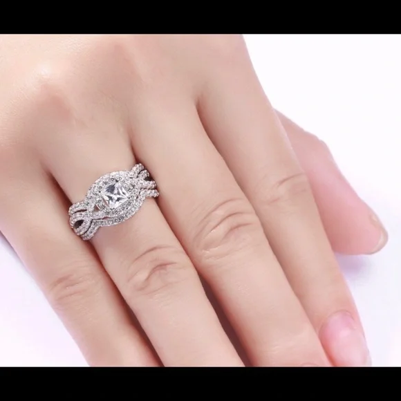 💝 Incredible Round/Princess Cut White Zircon 925 3 Ring Wedding Set!
